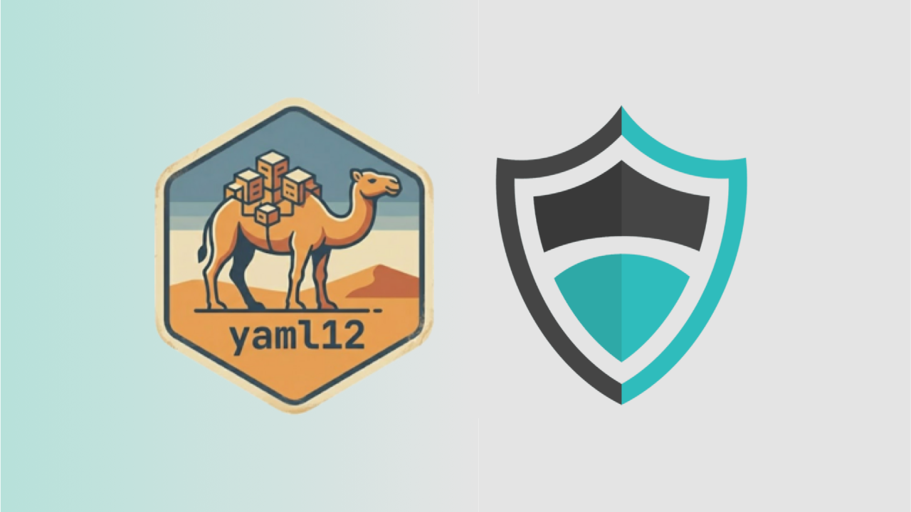 The r-yaml-12 package logo with a shield.