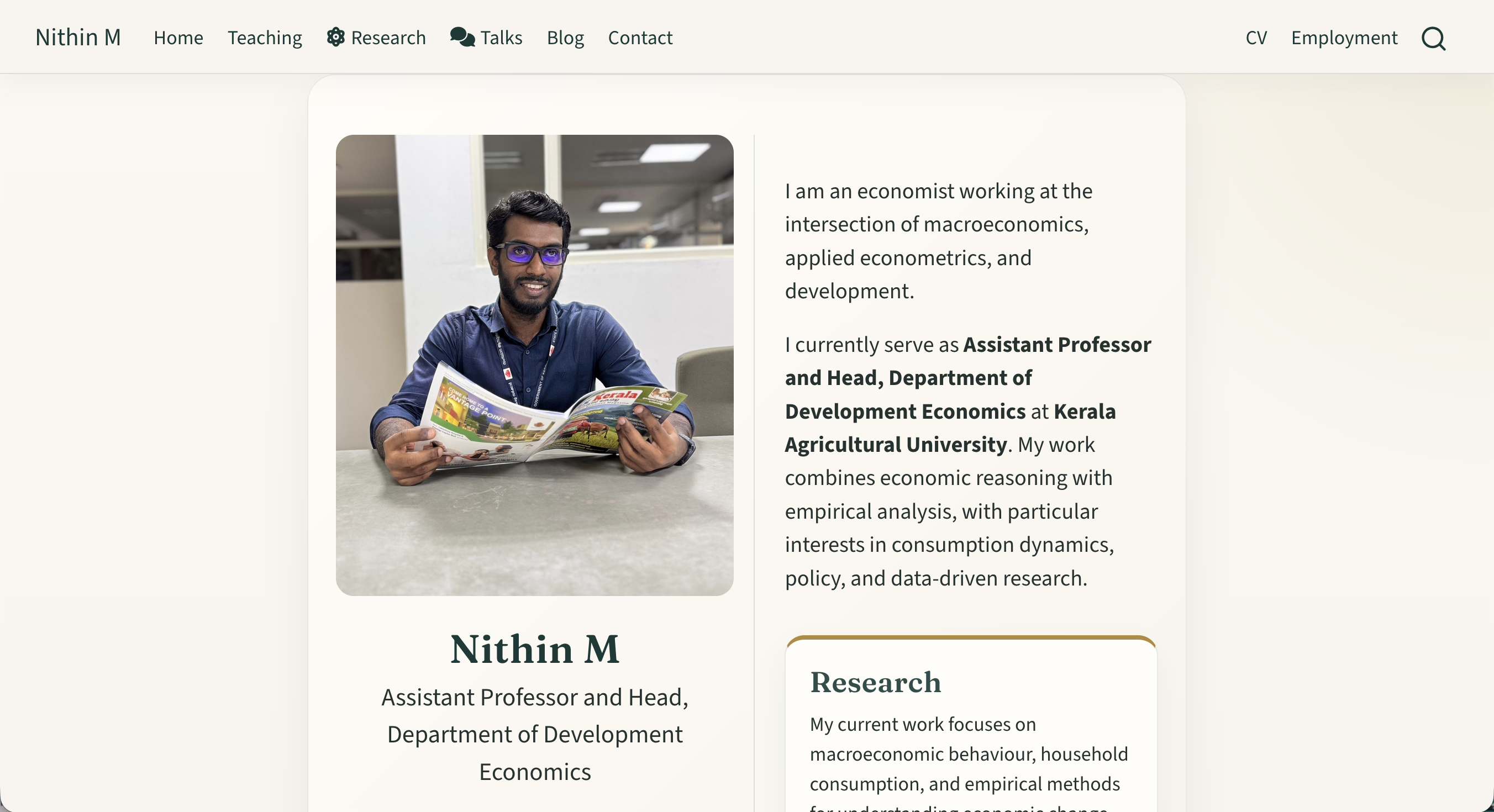Screenshot of Nithin&rsquo;s Quarto website.