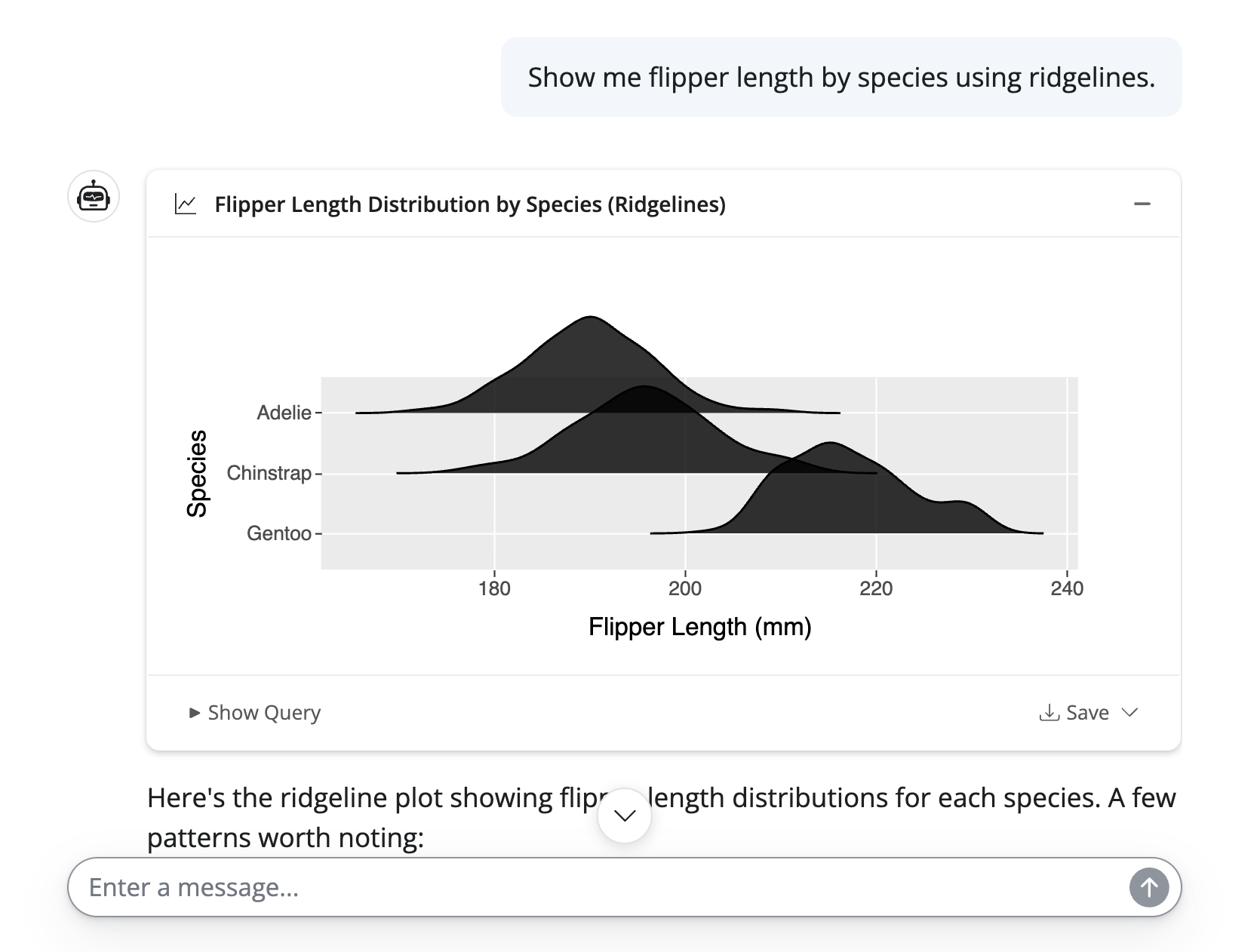 Visualize tool in action, showing the ggsql query and the resulting chart in the chat response