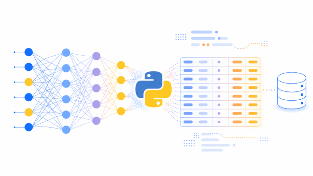 Diagram of a feed-forward neural network with input, hidden, and output layers flowing through the Python logo into a SQL-style data table, then into a database